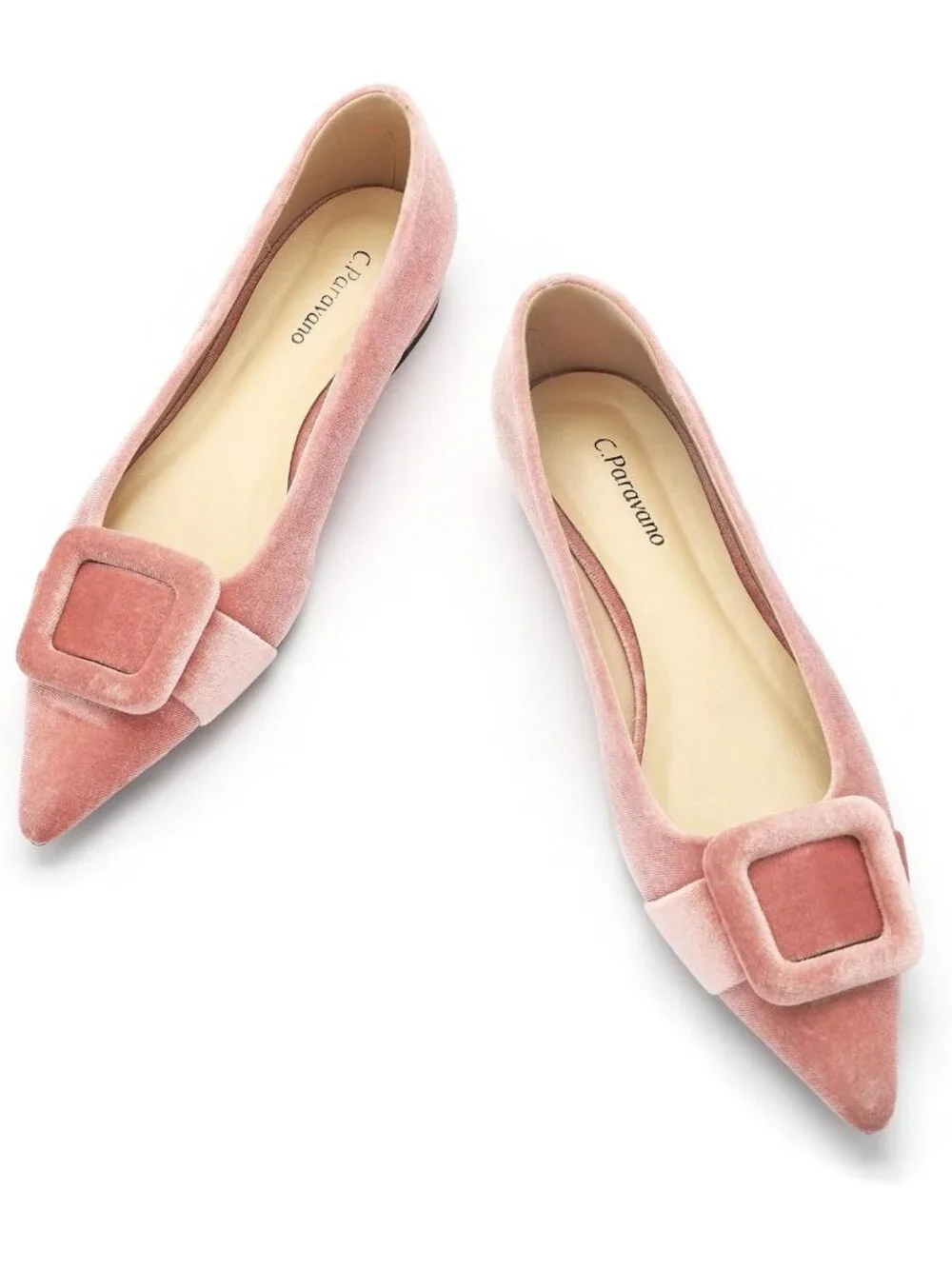 Women's Velvet Pink Pointed Toe Square Buckle Flats Slip-On Comfortable Shoes